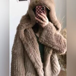 100% real Rex rabbit fur hooded coat new oversized fit brown